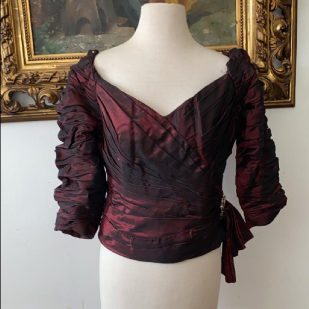 Burgundy shirred evening top with brooch